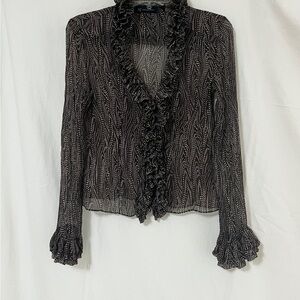 Sheer Y2K Ruffled Brown Patterned Long-Sleeve Blouse 100% Silk